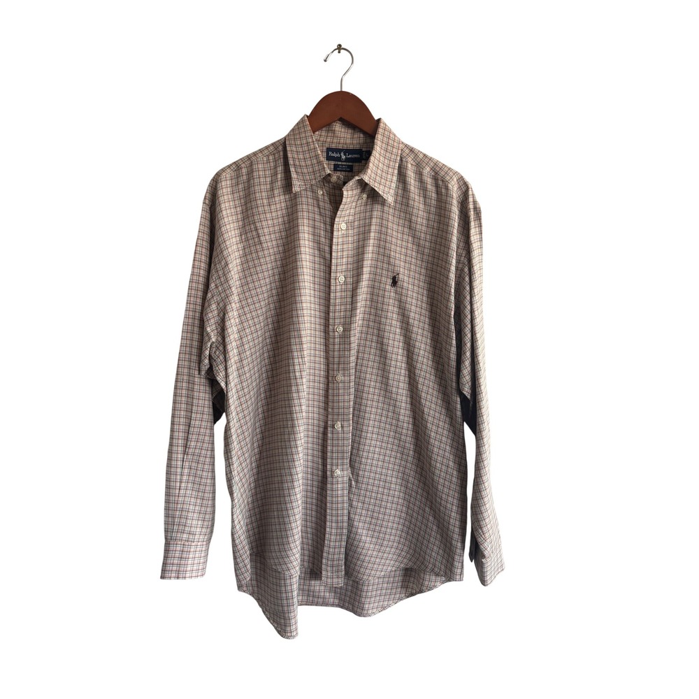 Ralph Lauren Blake Mens Large Plaid Button Down Shirt Tan Brown 100% Cotton L